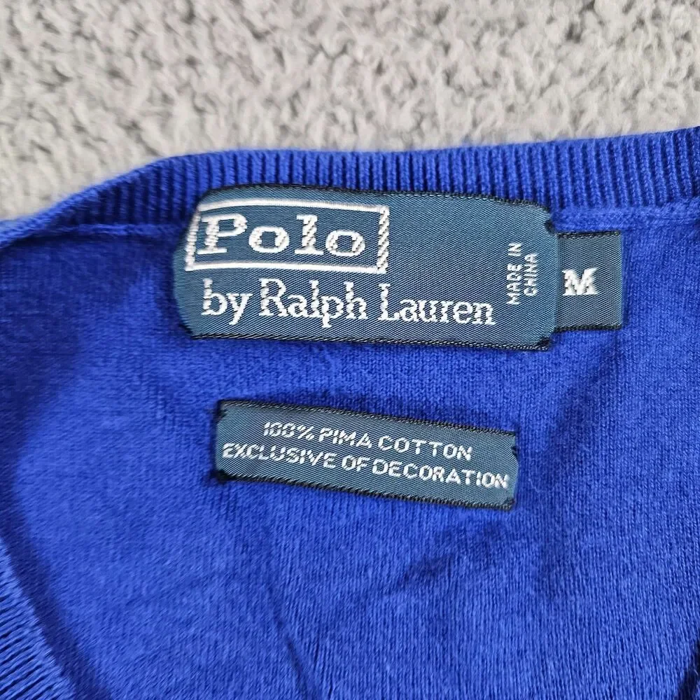 Vintage Polo Ralph Lauren Sweater Vest Mens Medium Blue Pima Pullover V Neck 90s